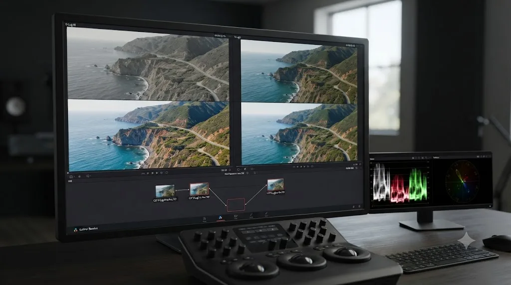 Illustration comparing a DJI Air 3 D-Log M clip and a main camera's log clip, each converted with its own correct tool before color matching in DaVinci Resolve