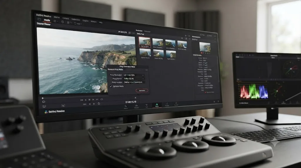 Illustration of a DaVinci Resolve Media Pool showing a stuttering DJI Air 3 clip next to an Optimized Media generation menu