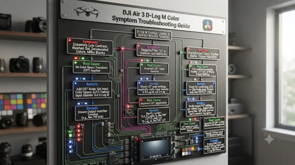Illustration of a troubleshooting decision tree matching DJI Air 3 D-Log M footage color symptoms in DaVinci Resolve to their causes