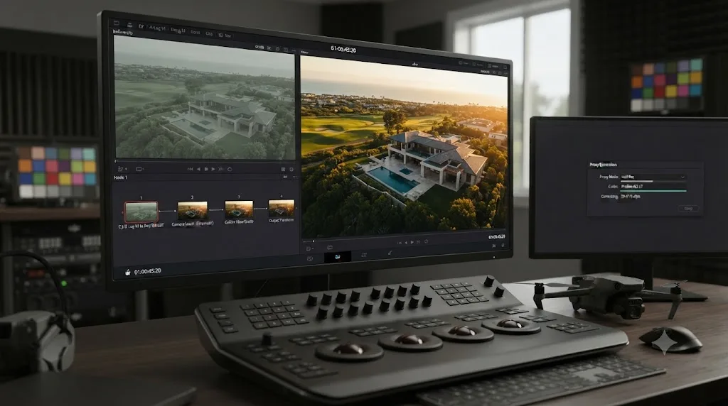 Illustration of a worked example taking DJI Air 3 D-Log M footage from flat grey through LUT correction to a finished graded shot in DaVinci Resolve