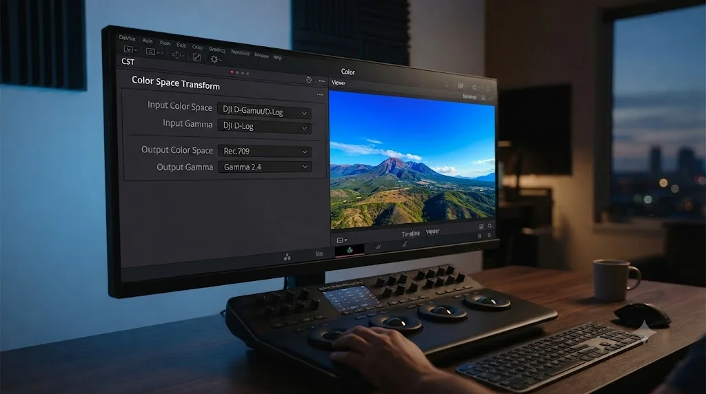 Illustration of a DaVinci Resolve Color Space Transform panel with the DJI D-Log preset applied to D-Log M footage, showing an oversaturated sky