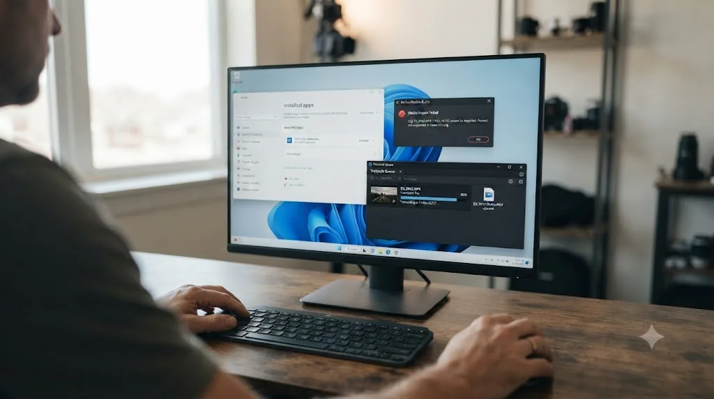 Illustration of a Windows PC with the HEVC extension installed still rejecting 10-bit DJI drone footage until it's transcoded