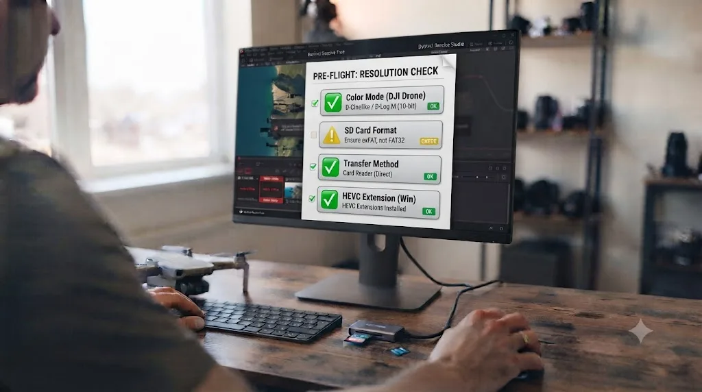 Illustration of a pre-flight checklist for avoiding DJI drone footage import problems in DaVinci Resolve