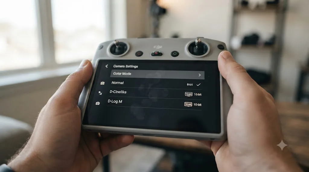 Illustration of a DJI drone's camera color mode menu showing Normal, D-Cinelike, and D-Log M options