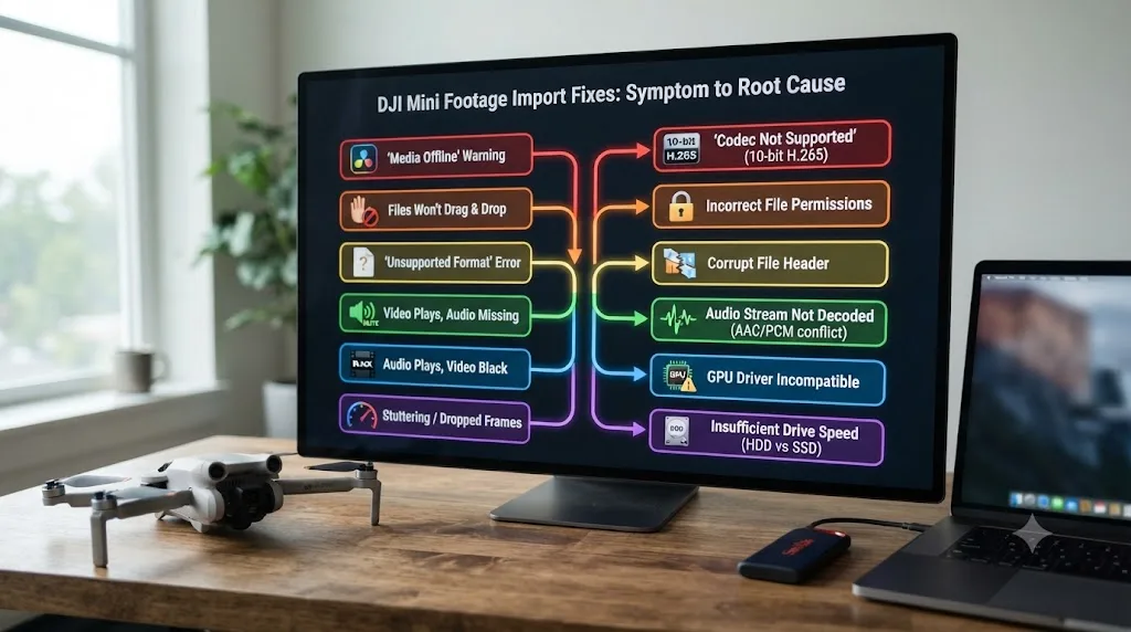 Illustration of a decision tree mapping DJI Mini footage import symptoms in DaVinci Resolve to their root causes