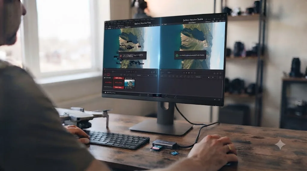 Illustration comparing DaVinci Resolve's free and Studio editions and their different 10-bit HEVC decoding reliability for DJI drone footage on Windows
