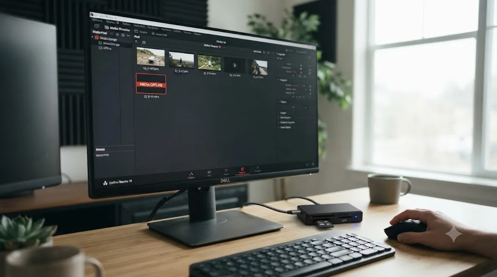Illustration of a DJI drone video file flagged Media Offline in DaVinci Resolve, traced back to a failing card reader connection