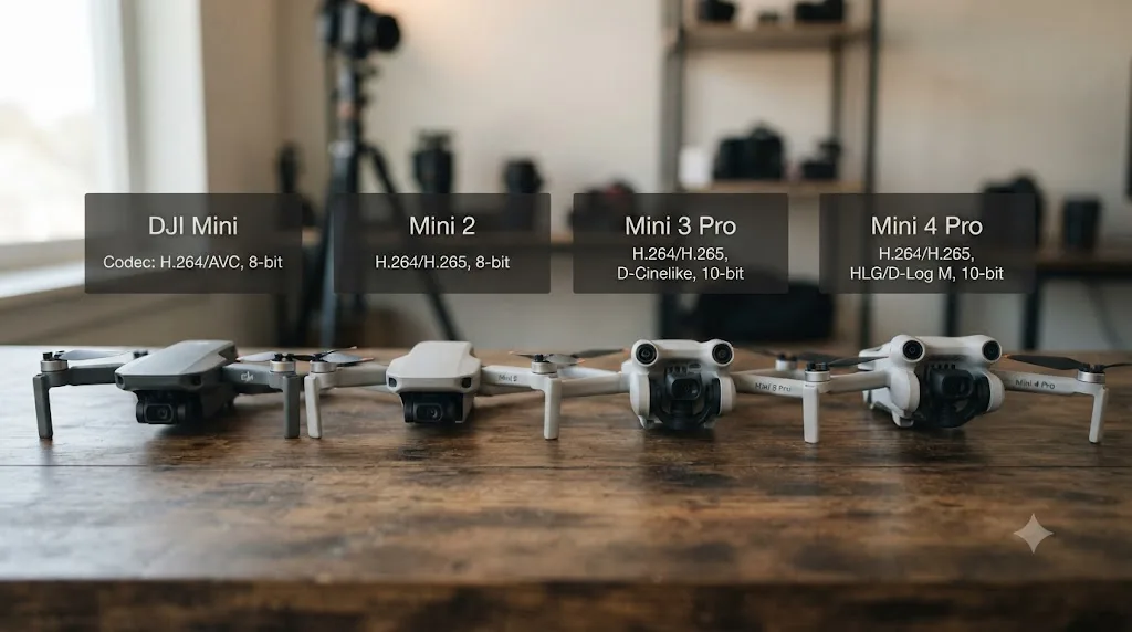 Illustration comparing DJI Mini drone models by their video codec and bit depth capability