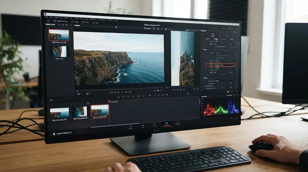Illustration of a rotated DJI drone video clip in DaVinci Resolve corrected through the Clip Attributes rotation setting