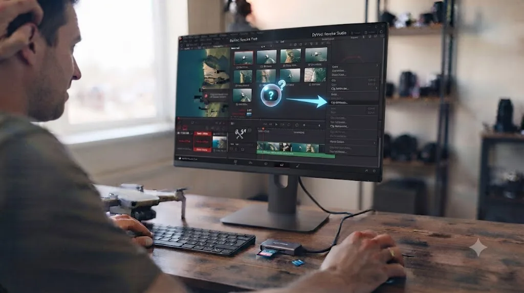 Illustration of an on-screen assistant in DaVinci Resolve highlighting a specific control while a new editor works with drone footage