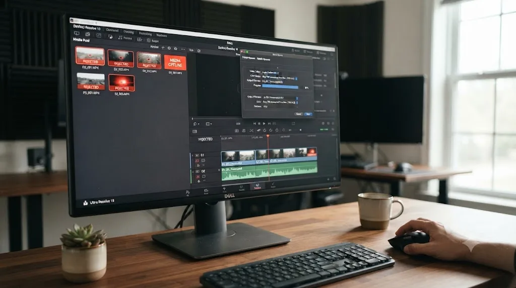 Illustration of a worked example fixing rejected 10-bit HLG DJI drone footage and importing it into a working DaVinci Resolve timeline