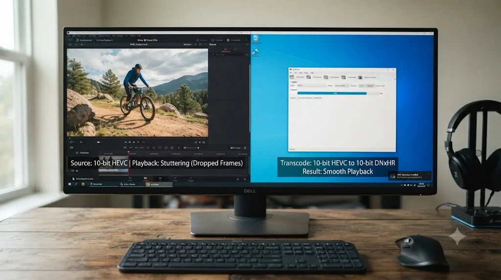 Illustration of a Windows PC with the HEVC extension installed still stuttering on 10-bit DJI Osmo Action 5 Pro footage until it's transcoded