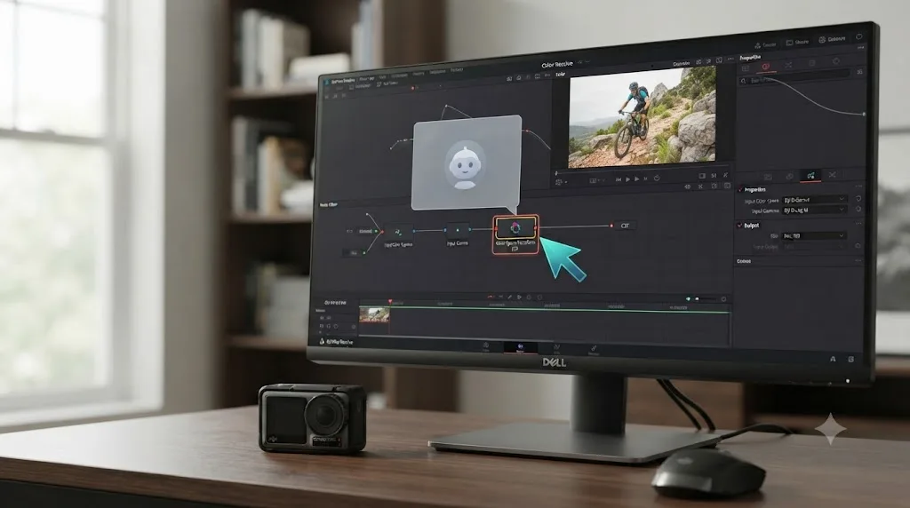 Illustration of a DaVinci Resolve Color page with an on-screen assistant overlay pointing at the Color Space Transform node