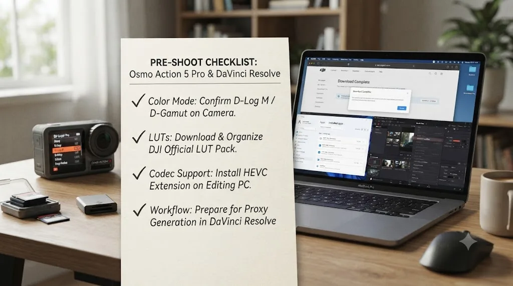 Illustration of a pre-shoot checklist for avoiding DJI Osmo Action 5 Pro footage import problems in DaVinci Resolve