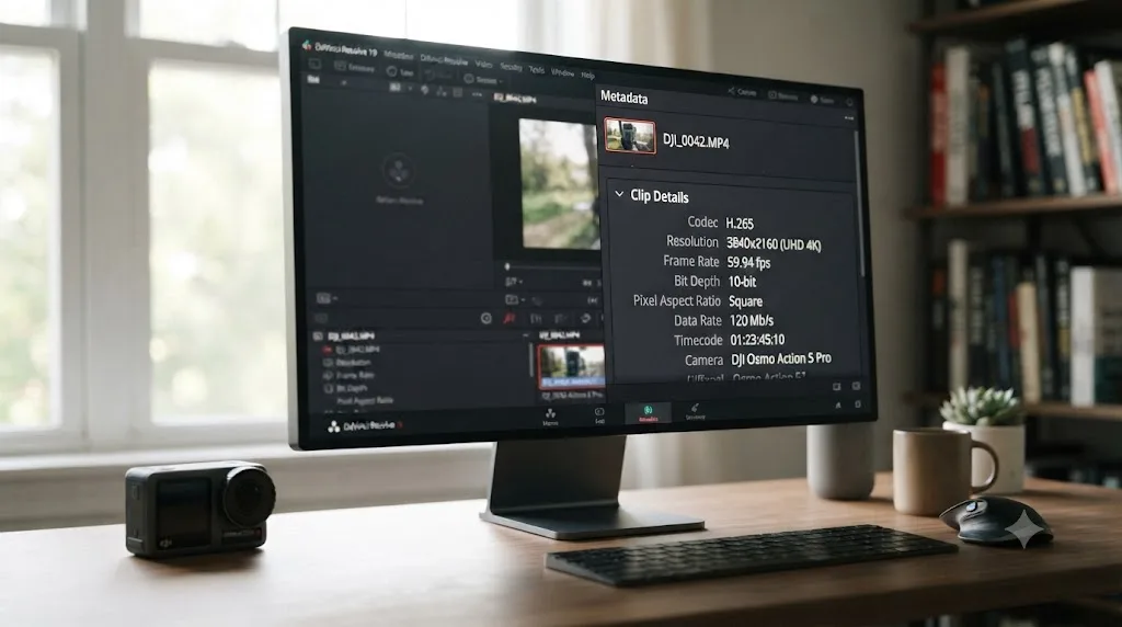Illustration of a DaVinci Resolve metadata panel showing an Osmo Action 5 Pro clip's H.265 codec and frame rate details