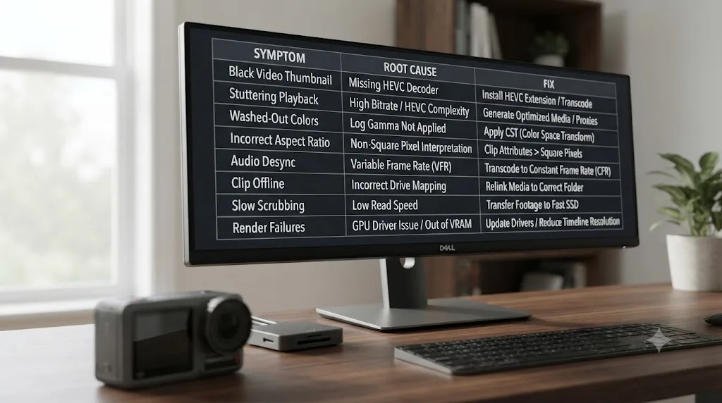 Illustration of a checklist table matching DJI Osmo Action 5 Pro footage symptoms in DaVinci Resolve to their fixes