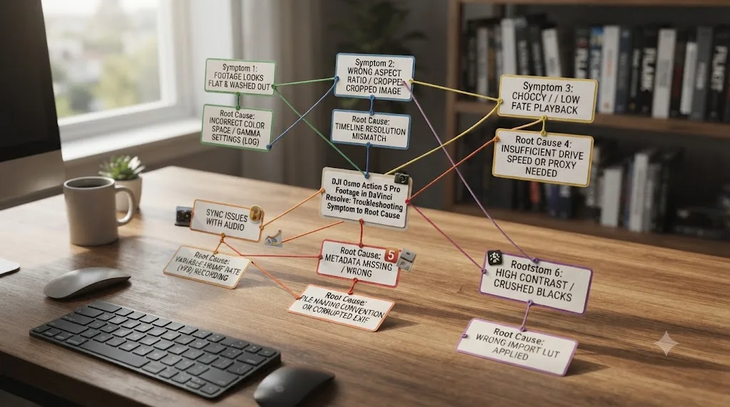 Illustration of a decision tree mapping DJI Osmo Action 5 Pro footage symptoms in DaVinci Resolve to their root causes