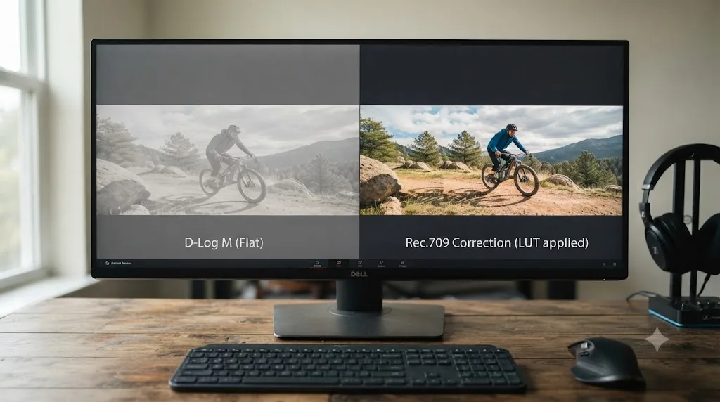 Illustration comparing flat grey D-Log M footage against the same clip corrected with DJI's official Rec.709 LUT in DaVinci Resolve