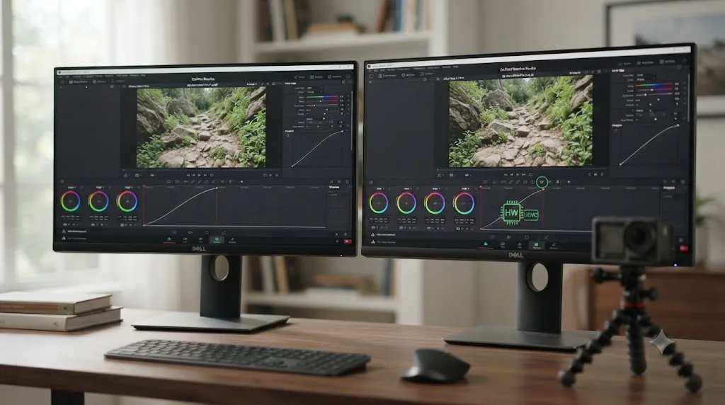 Illustration comparing DaVinci Resolve free and Studio editions, showing identical color tools and a hardware HEVC decode icon only on Studio for Windows