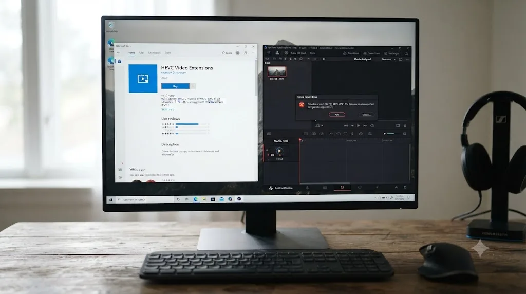 Illustration of a Windows desktop showing the Microsoft Store HEVC Video Extensions page next to a DaVinci Resolve import error for an Osmo Action 5 Pro clip