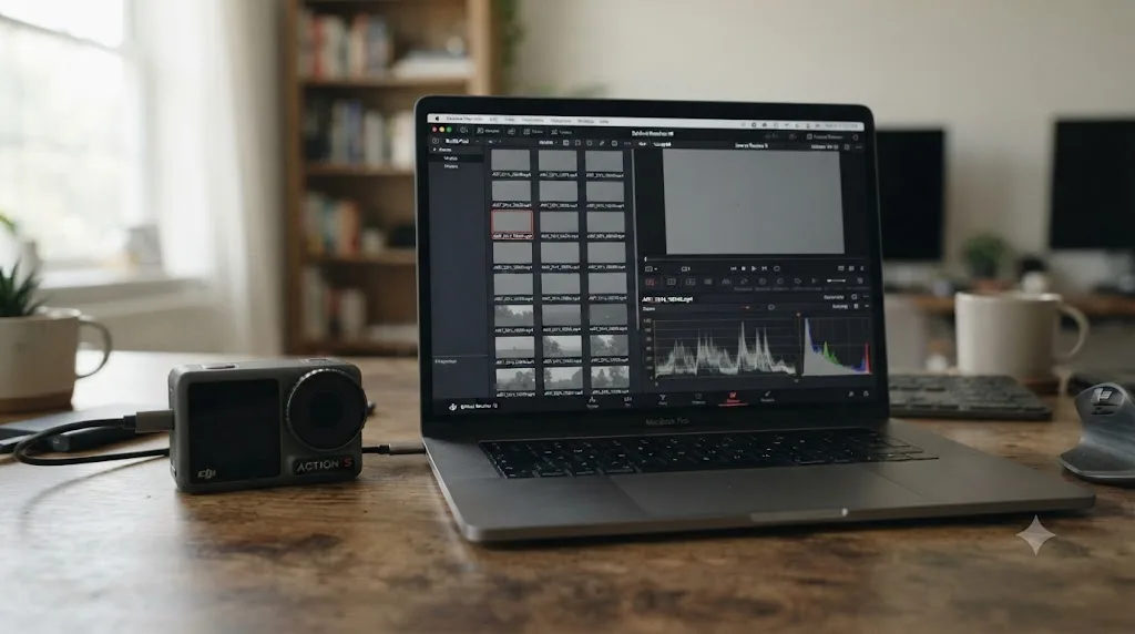 Illustration of a DJI Osmo Action 5 Pro camera next to a DaVinci Resolve Media Pool showing a flat grey D-Log M clip