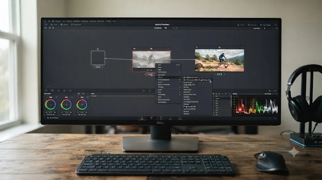Illustration of a DaVinci Resolve node graph with DJI's official D-Log M to Rec.709 LUT applied, converting flat Osmo Action 5 Pro footage to Rec.709