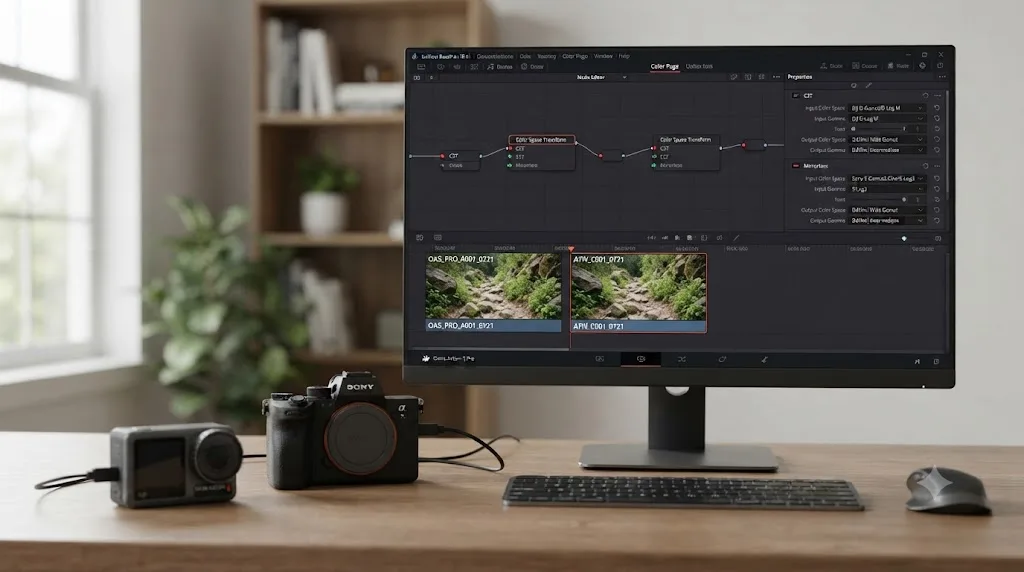 Illustration of DJI Osmo Action 5 Pro footage and mirrorless camera footage normalized to a shared color space in a DaVinci Resolve timeline