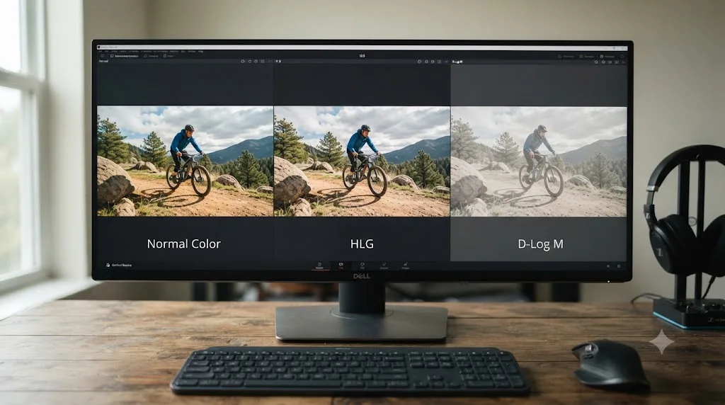 Illustration comparing the same DJI Osmo Action 5 Pro scene shot in Normal color, HLG, and D-Log M side by side