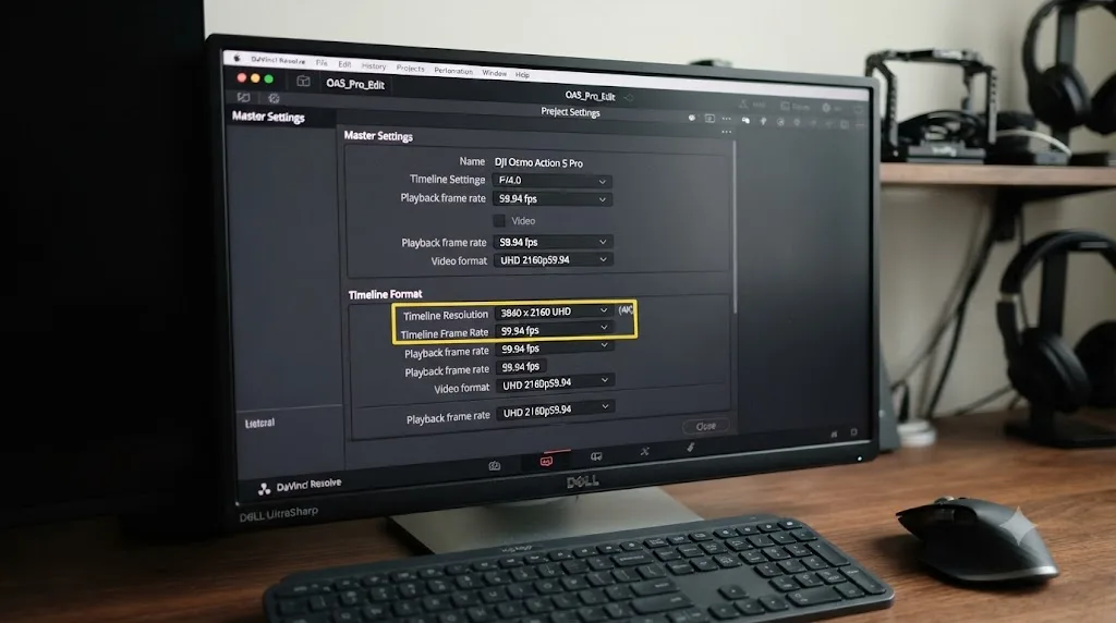 Illustration of a DaVinci Resolve Project Settings panel configured to match DJI Osmo Action 5 Pro footage resolution and frame rate