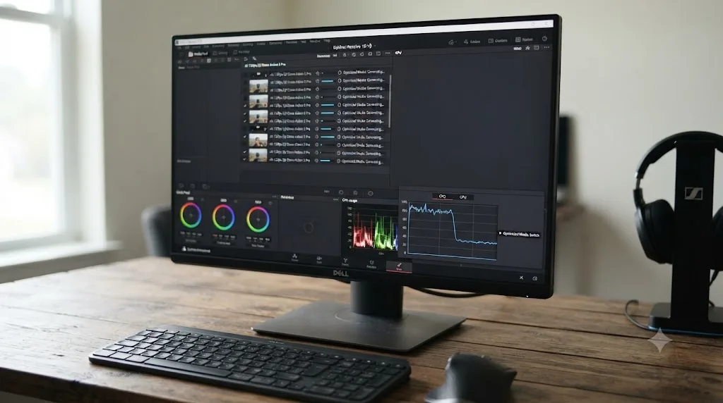 Illustration of DaVinci Resolve generating Optimized Media for high-bitrate Osmo Action 5 Pro footage while a CPU usage meter drops