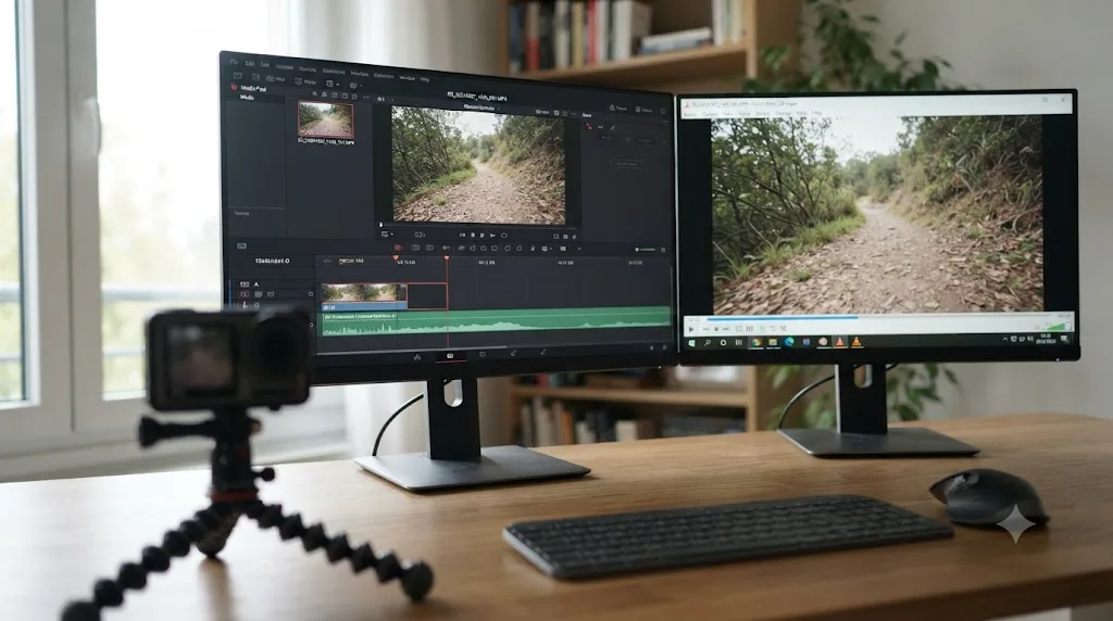 Illustration of a truncated Osmo Action 5 Pro clip in DaVinci Resolve being checked in VLC for recoverable footage after an overheating shutoff