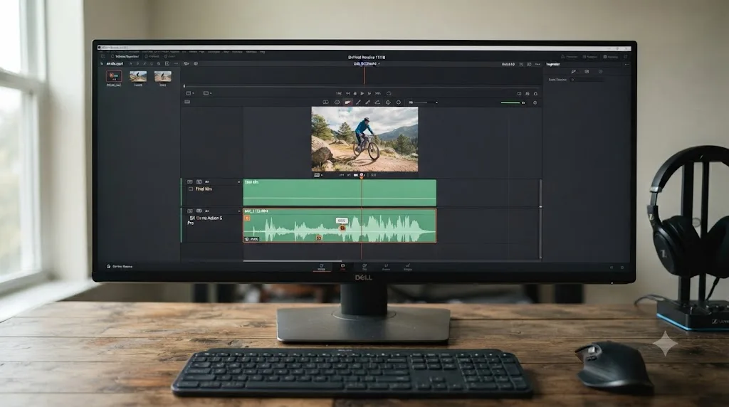Illustration of a DaVinci Resolve timeline showing a slow-motion clip's audio waveform treated as a sync reference rather than a final mix