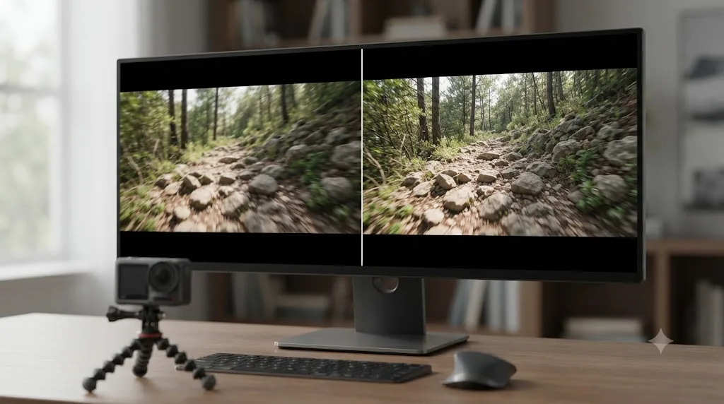 Illustration comparing raw and RockSteady-stabilized DJI Osmo Action 5 Pro footage, showing stabilization already applied to the recorded frame