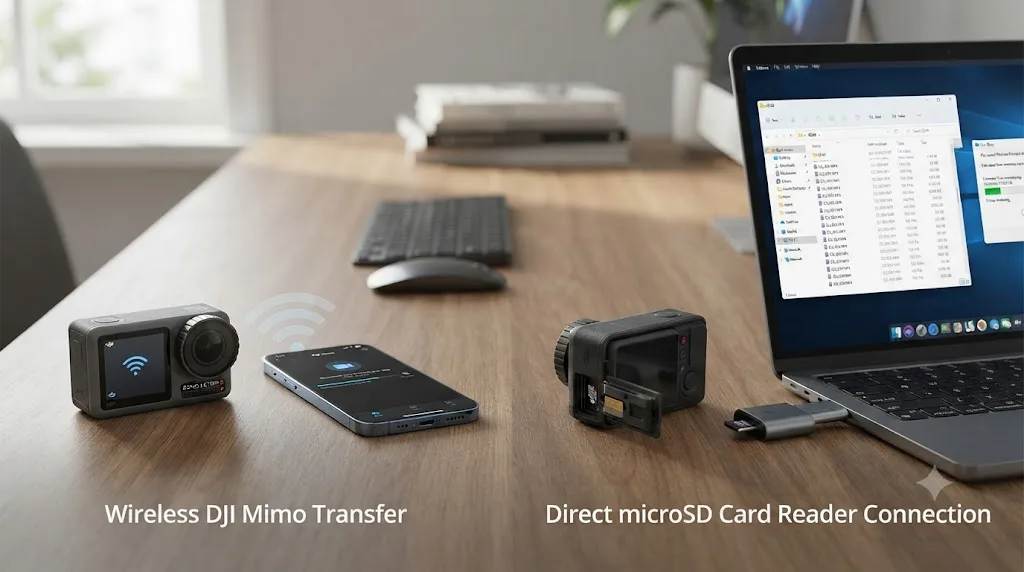 Illustration comparing wireless DJI Mimo app transfer against a direct microSD card reader connection for Osmo Action 5 Pro footage