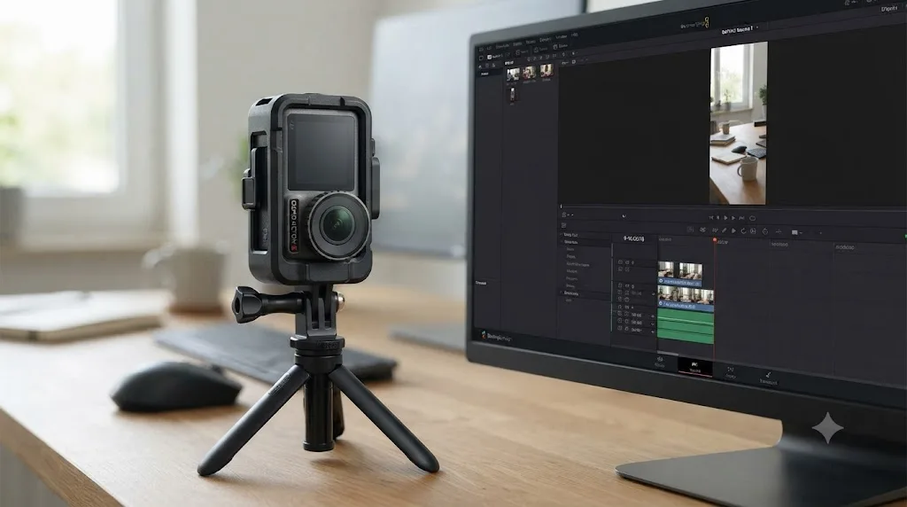 Illustration of a DJI Osmo Action 5 Pro camera mounted vertically next to a DaVinci Resolve timeline configured for 9:16 vertical footage