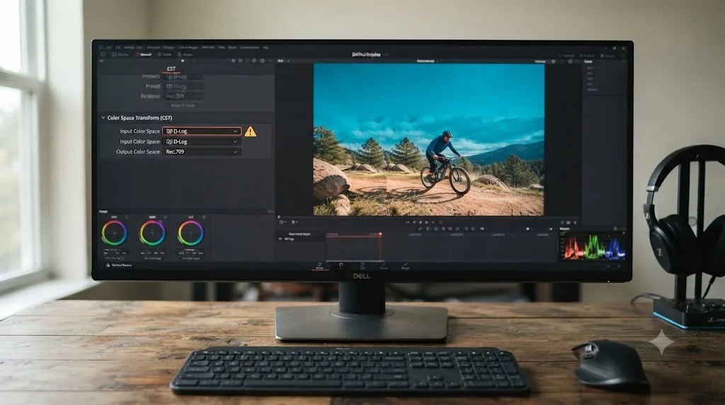 Illustration of a DaVinci Resolve Color Space Transform panel with the built-in D-Log preset applied to D-Log M footage, producing oversaturated blue sky color