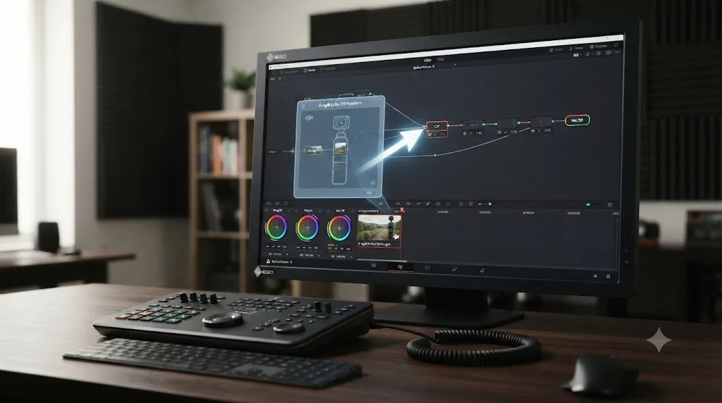 Illustration of a DaVinci Resolve Color page with an on-screen assistant overlay pointing at the Color Space Transform node