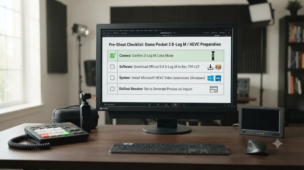 Illustration of a pre-shoot checklist for avoiding DJI Osmo Pocket 3 footage import problems in DaVinci Resolve