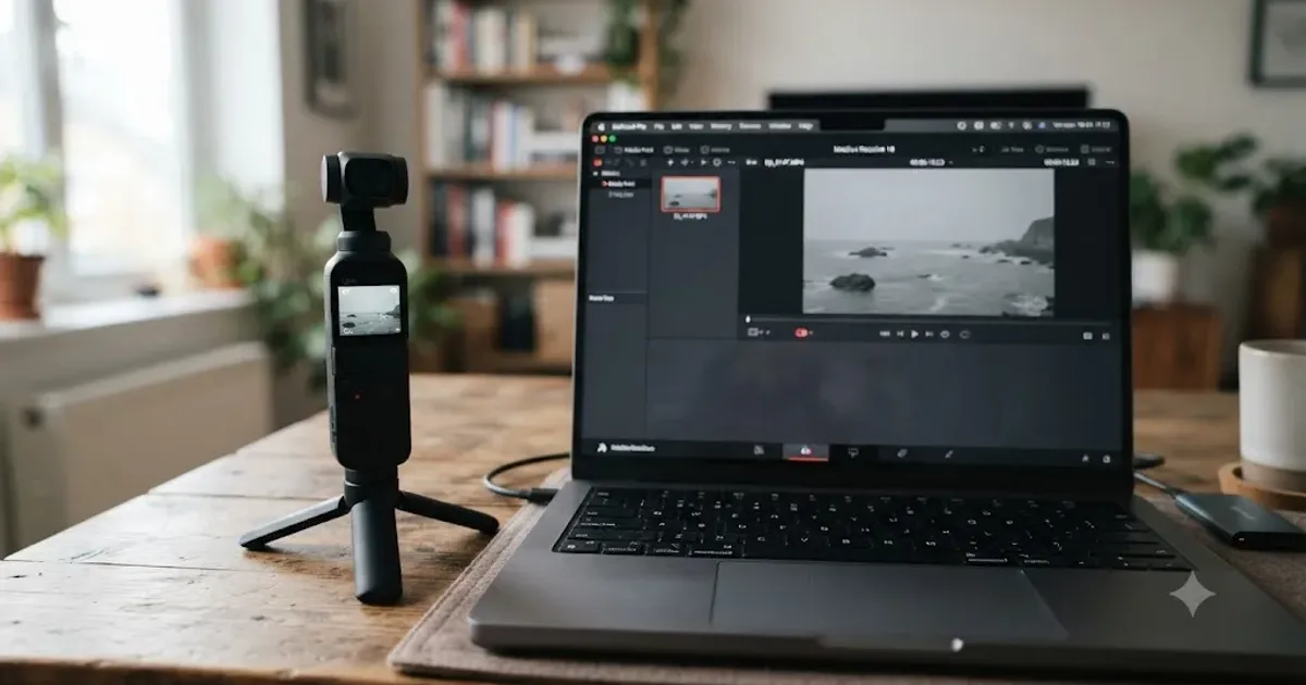 Illustration of a DJI Osmo Pocket 3 next to a DaVinci Resolve timeline showing a flat grey D-Log M clip