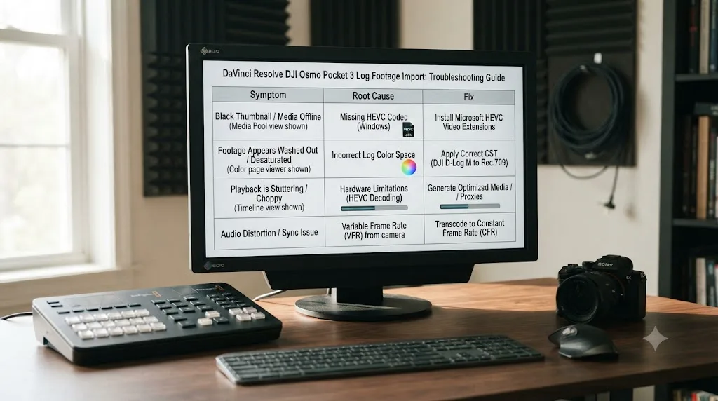 Illustration of a checklist table matching DJI Osmo Pocket 3 footage symptoms in DaVinci Resolve to their fixes
