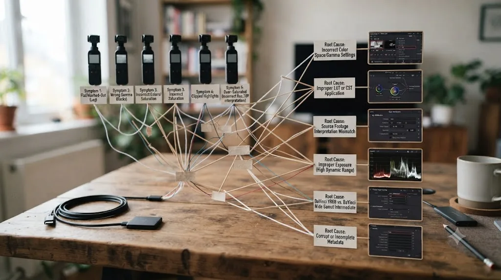 Illustration of a decision tree mapping DJI Osmo Pocket 3 footage symptoms in DaVinci Resolve to their root causes