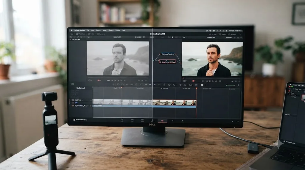 Illustration comparing flat grey D-Log M footage against the same clip corrected with DJI's official Rec.709 LUT in DaVinci Resolve