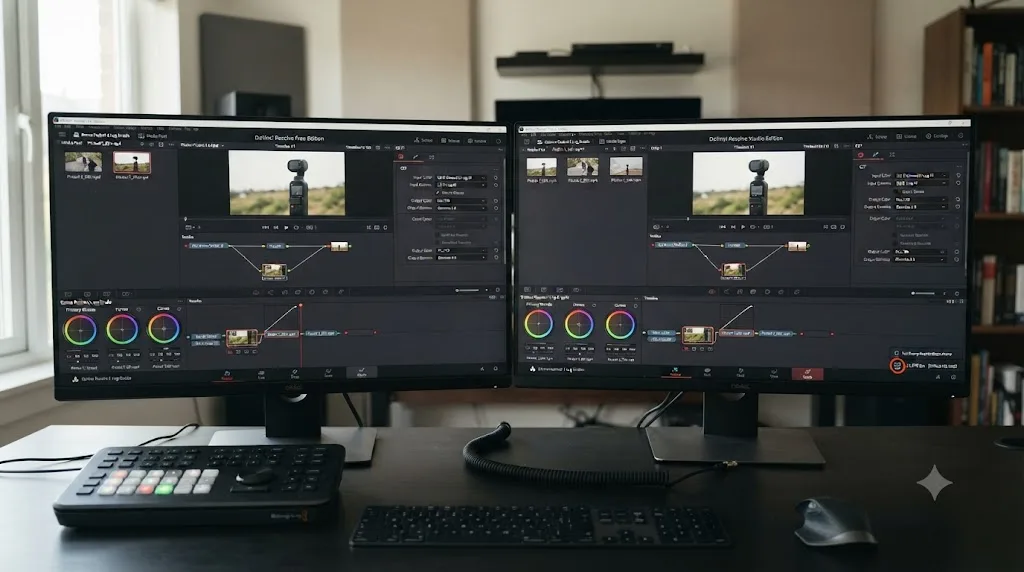 Illustration comparing DaVinci Resolve free and Studio editions, showing identical color tools and a hardware HEVC decode icon only on Studio for Windows
