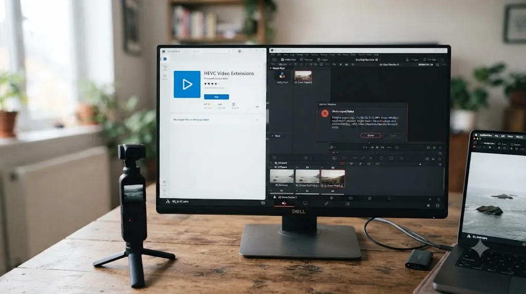 Illustration of a Windows desktop showing the Microsoft Store HEVC Video Extensions page next to a DaVinci Resolve import error