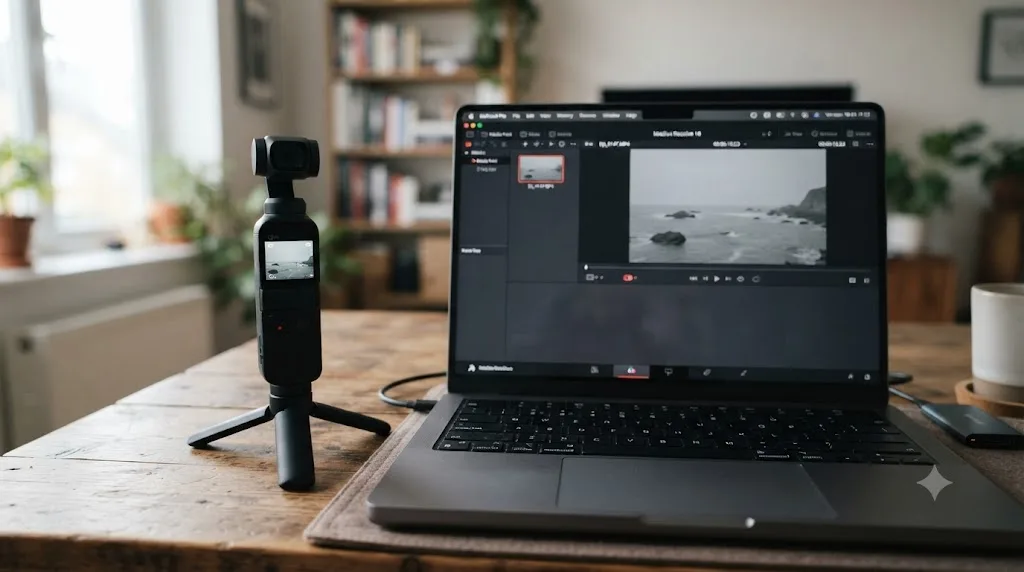 Illustration of a DJI Osmo Pocket 3 next to a DaVinci Resolve Media Pool showing a flat grey D-Log M clip