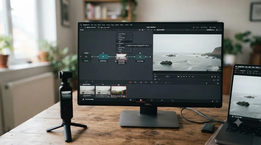 Illustration of a DaVinci Resolve node graph with DJI's official D-Log M to Rec.709 LUT applied to convert flat footage to Rec.709