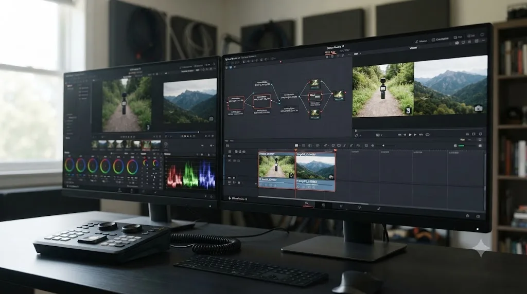 Illustration of DJI Osmo Pocket 3 footage and mirrorless camera footage normalized to a shared color space in a DaVinci Resolve timeline
