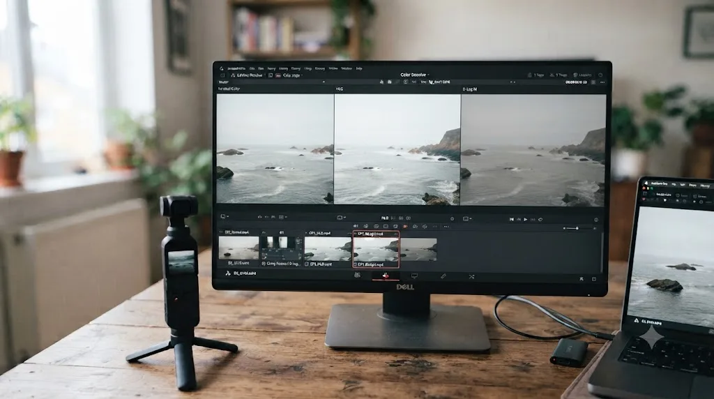 Illustration comparing the same DJI Osmo Pocket 3 scene shot in Normal color, HLG, and D-Log M side by side