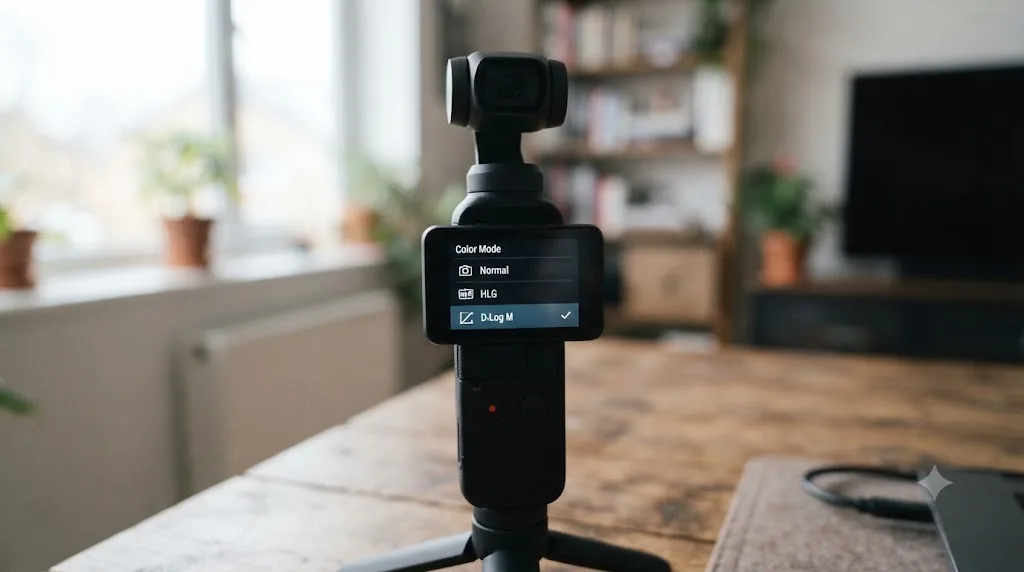 Illustration of a DJI Osmo Pocket 3 touchscreen showing Normal, HLG, and D-Log M color mode options