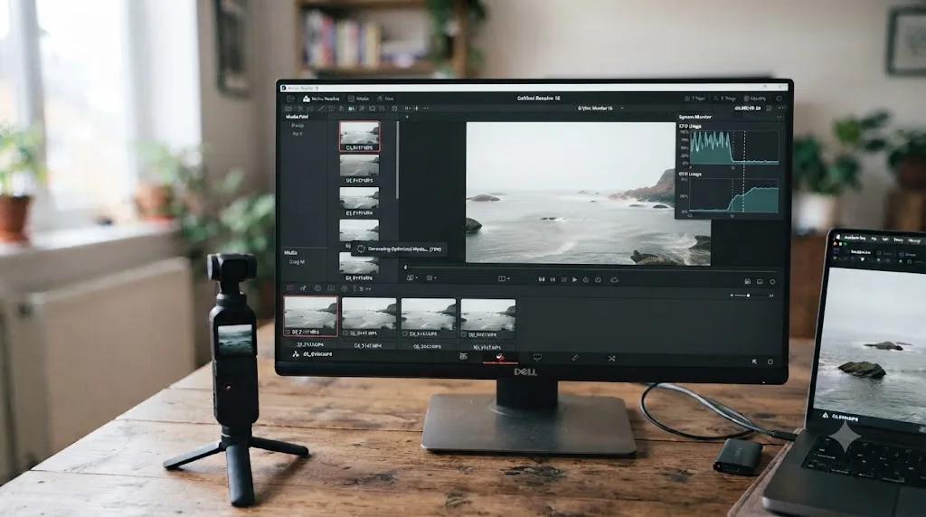 Illustration of DaVinci Resolve generating Optimized Media for D-Log M footage while a CPU usage meter drops